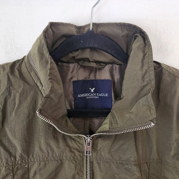 American Eagle Lightweight Bomber Jacket Hidden Hood Y2K Olive Green Women's L - Picture 3 of 8